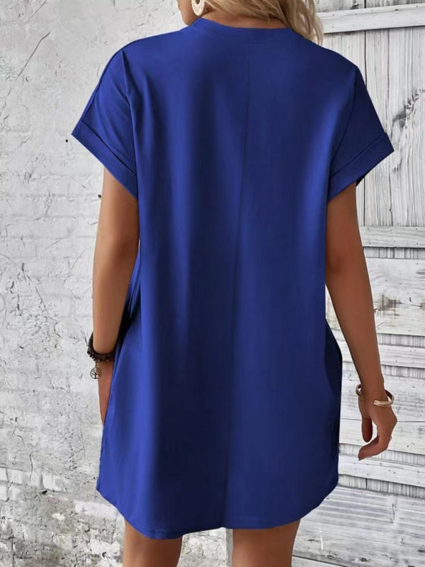 Solid Color Pocket Midi Dress – Loose Fit Round Neck Short Sleeve for Spring & Summer