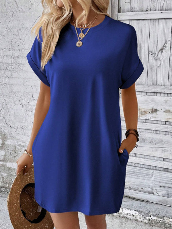 Solid Color Pocket Midi Dress – Loose Fit Round Neck Short Sleeve for Spring & Summer