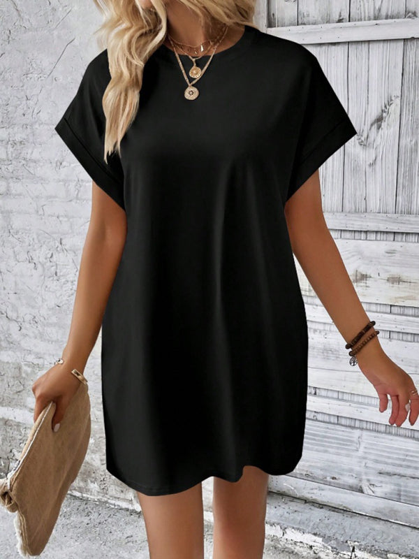 Solid Color Pocket Midi Dress – Loose Fit Round Neck Short Sleeve for Spring & Summer