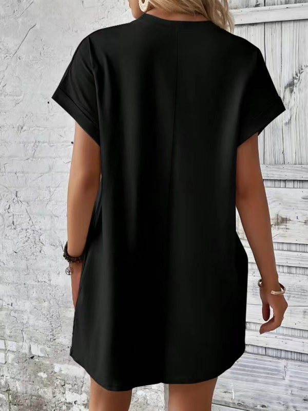 Solid Color Pocket Midi Dress – Loose Fit Round Neck Short Sleeve for Spring & Summer