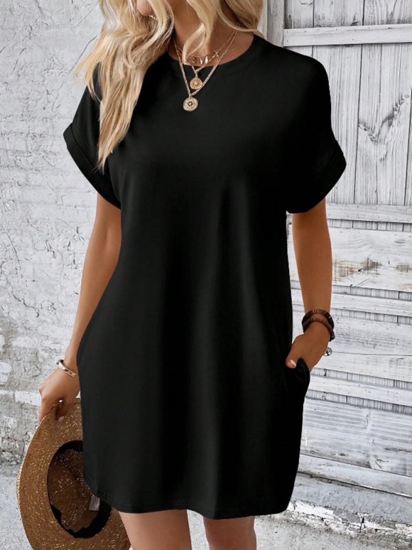 Solid Color Pocket Midi Dress – Loose Fit Round Neck Short Sleeve for Spring & Summer