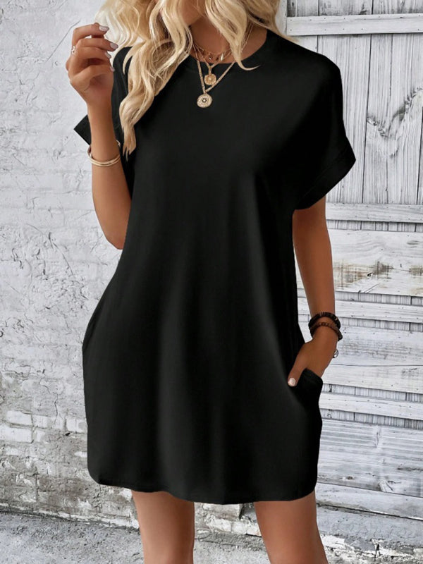 Solid Color Pocket Midi Dress – Loose Fit Round Neck Short Sleeve for Spring & Summer