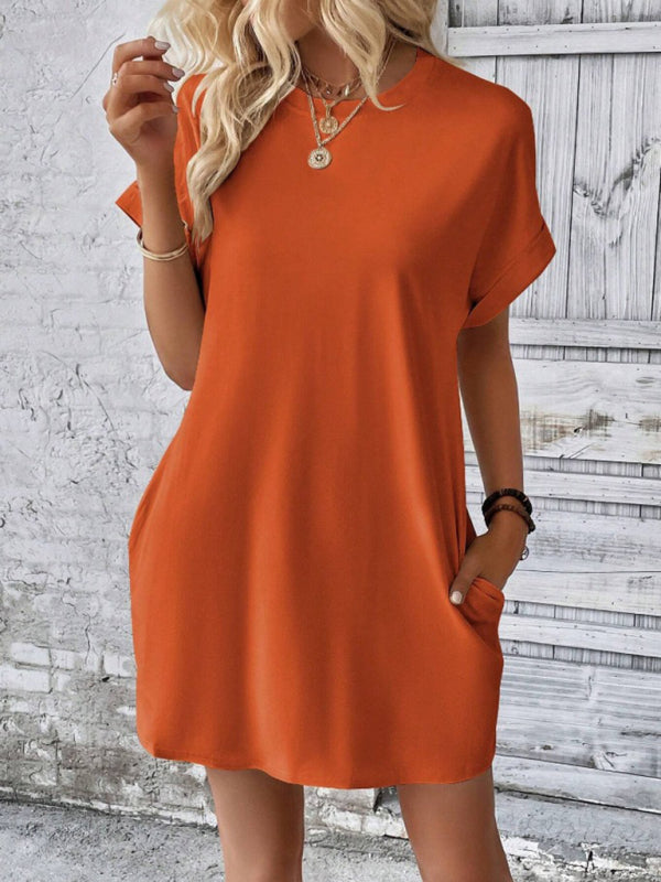Solid Color Pocket Midi Dress – Loose Fit Round Neck Short Sleeve for Spring & Summer