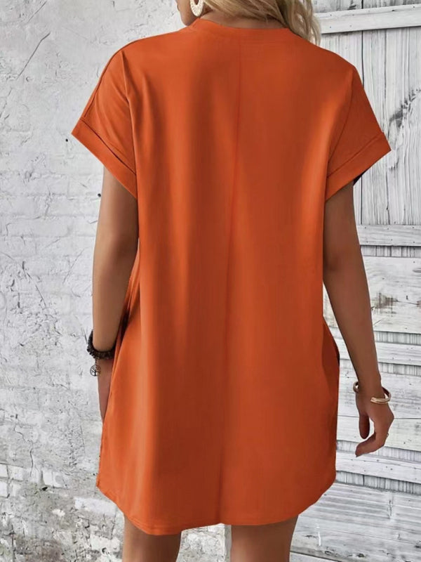 Solid Color Pocket Midi Dress – Loose Fit Round Neck Short Sleeve for Spring & Summer