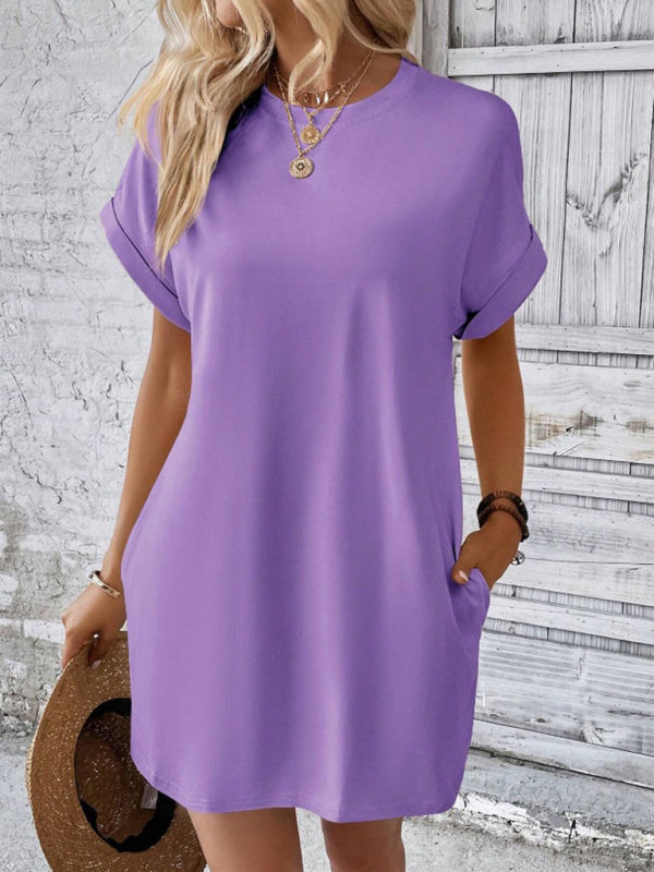 Solid Color Pocket Midi Dress – Loose Fit Round Neck Short Sleeve for Spring & Summer