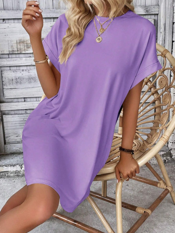 Solid Color Pocket Midi Dress – Loose Fit Round Neck Short Sleeve for Spring & Summer