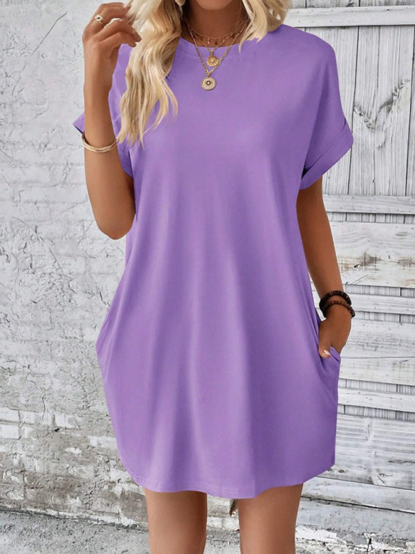 Solid Color Pocket Midi Dress – Loose Fit Round Neck Short Sleeve for Spring & Summer