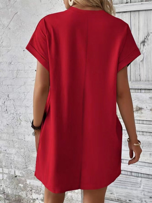 Solid Color Pocket Midi Dress – Loose Fit Round Neck Short Sleeve for Spring & Summer