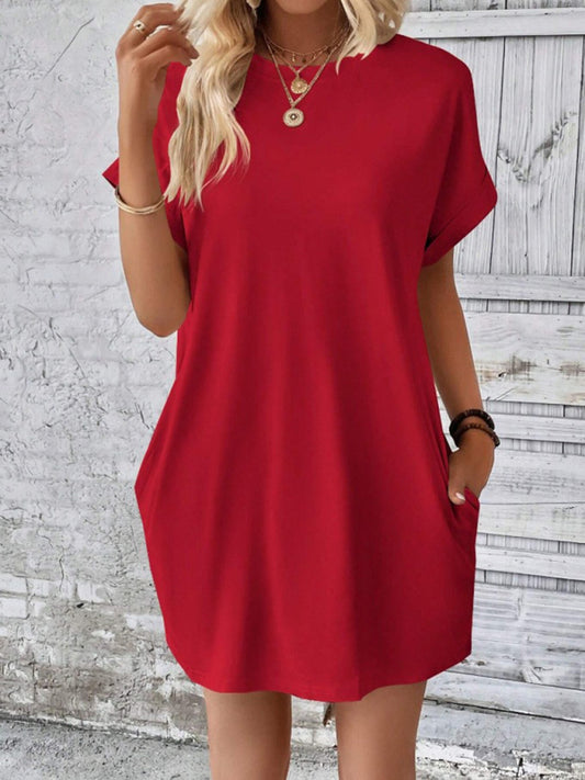 Solid Color Pocket Midi Dress – Loose Fit Round Neck Short Sleeve for Spring & Summer