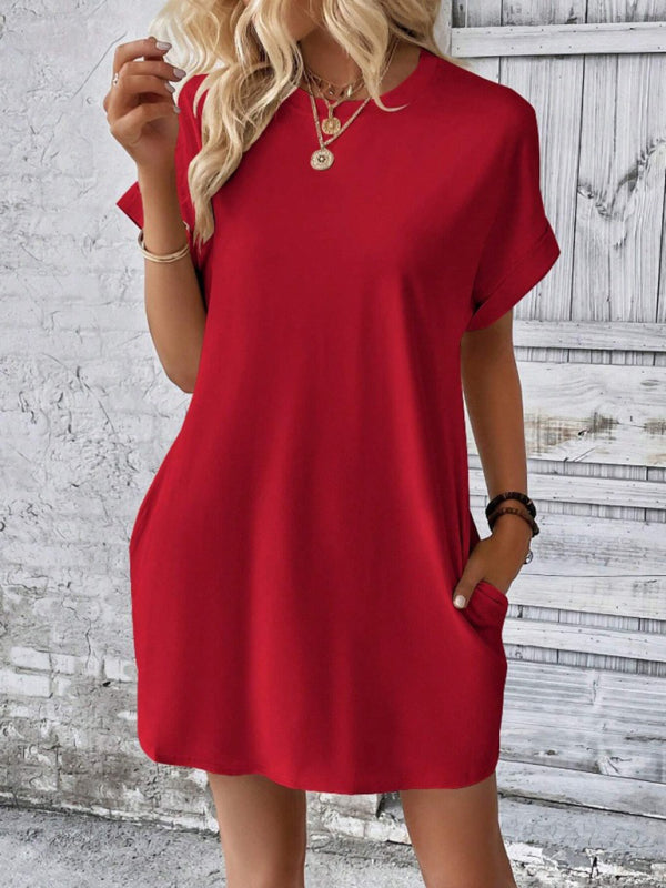 Solid Color Pocket Midi Dress – Loose Fit Round Neck Short Sleeve for Spring & Summer