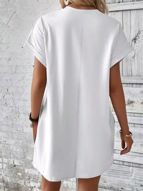 Solid Color Pocket Midi Dress – Loose Fit Round Neck Short Sleeve for Spring & Summer
