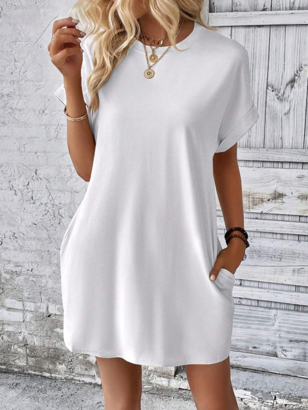Solid Color Pocket Midi Dress – Loose Fit Round Neck Short Sleeve for Spring & Summer