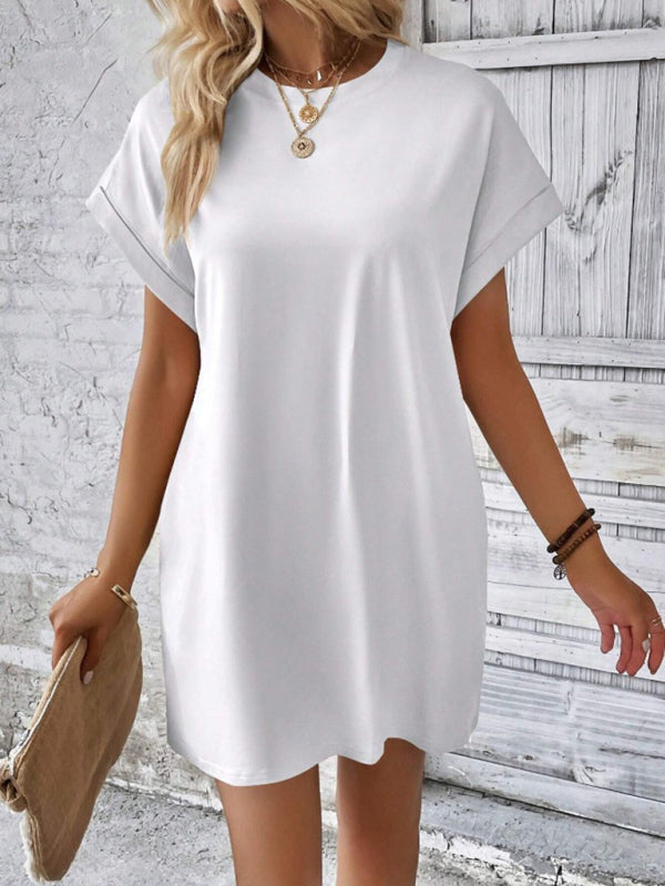 Solid Color Pocket Midi Dress – Loose Fit Round Neck Short Sleeve for Spring & Summer