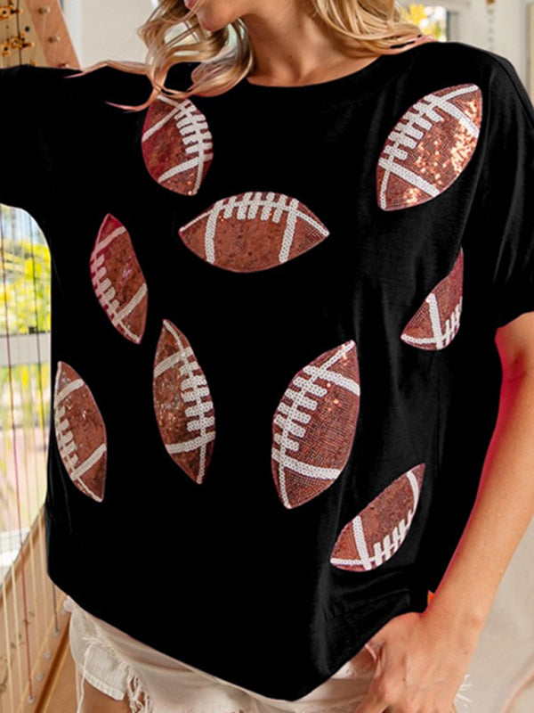 Casual Summer Sequined Rugby Round Neck Pullover T-Shirt Short Sleeve Top