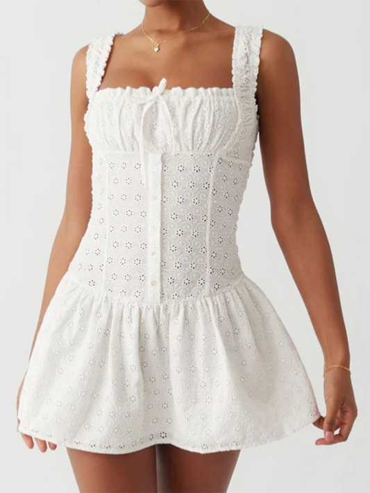Square Neck A-Line Cotton Dress – Romantic Seaside Vacation Style