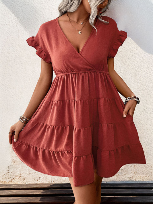 Minikleid mit V-Ausschnitt und Raglanärmeln – einfarbig, gewebtes Polyester, Frühlingspassform