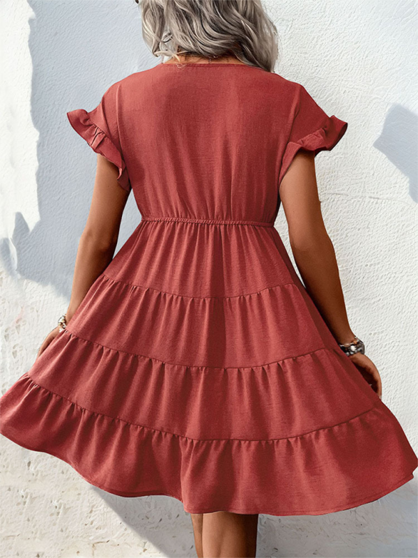Minikleid mit V-Ausschnitt und Raglanärmeln – einfarbig, gewebtes Polyester, Frühlingspassform