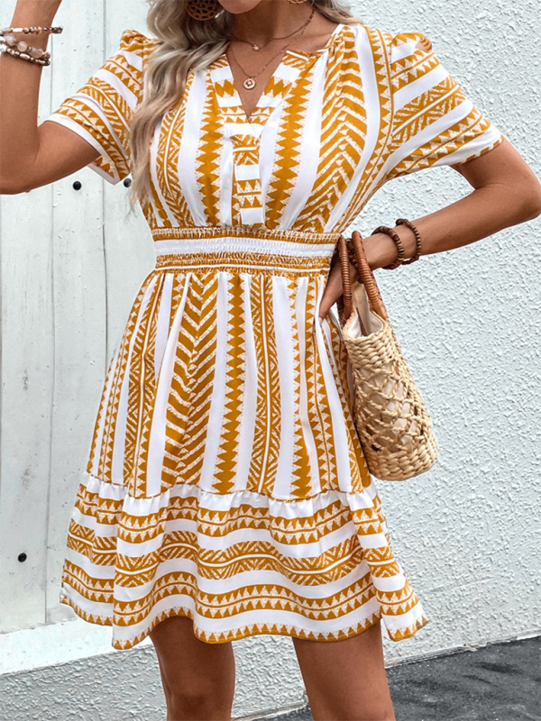 Bohemian V-Neck Short Sleeve Printed Dress – Lightweight Summer Style