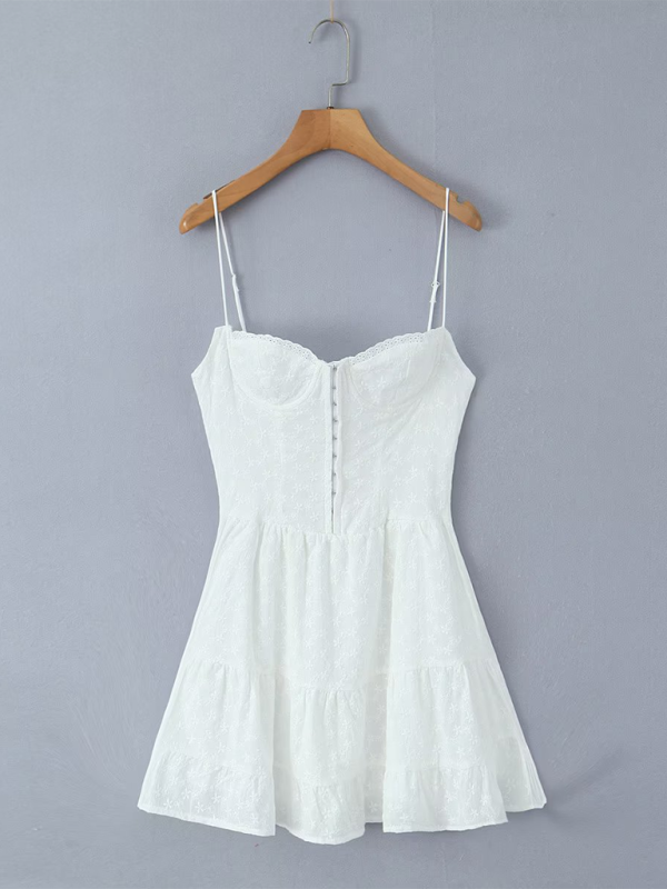 Romantic Lace High-Waisted Suspender Dress - White Spring Summer Style