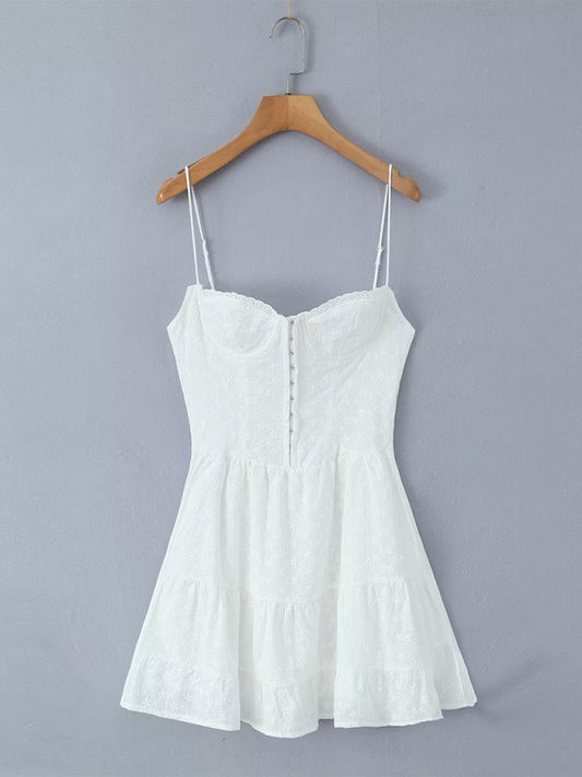 Romantic Lace High-Waisted Suspender Dress - White Spring Summer Style