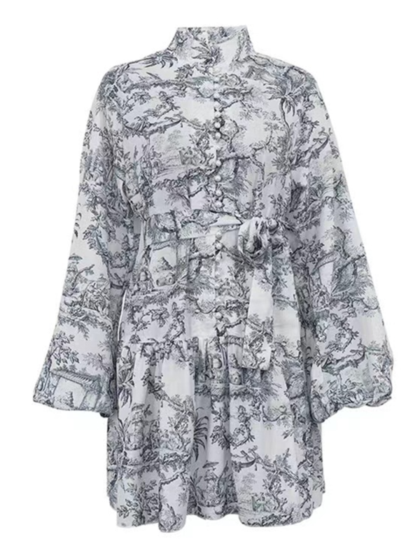 Retro A-Line Mini Dress – Puff Sleeves, Stand Collar & Ink Print