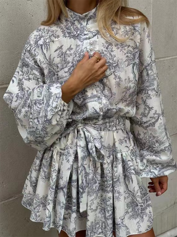 Retro A-Line Mini Dress – Puff Sleeves, Stand Collar & Ink Print