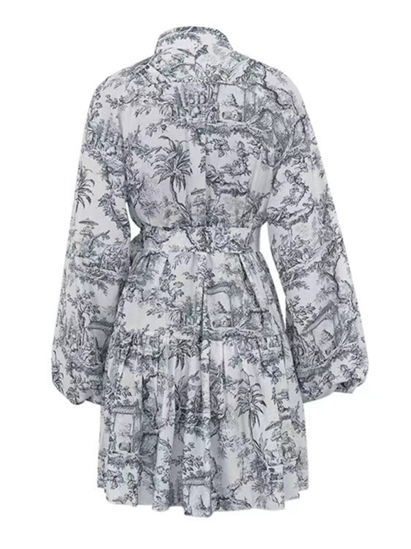Retro A-Line Mini Dress – Puff Sleeves, Stand Collar & Ink Print