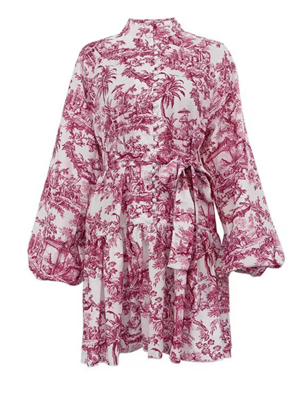 Retro A-Line Mini Dress – Puff Sleeves, Stand Collar & Ink Print