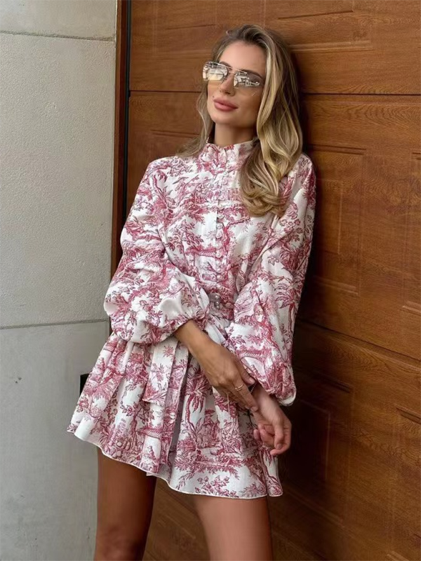 Retro A-Line Mini Dress – Puff Sleeves, Stand Collar & Ink Print