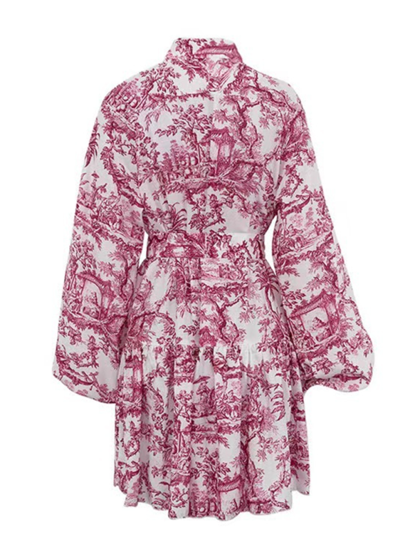 Retro A-Line Mini Dress – Puff Sleeves, Stand Collar & Ink Print