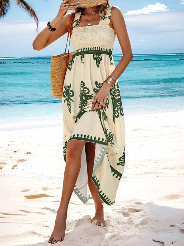 Printed Cross-Front Midi Dress – Resort Style, Woven Cotton Blend, Spring-Summer