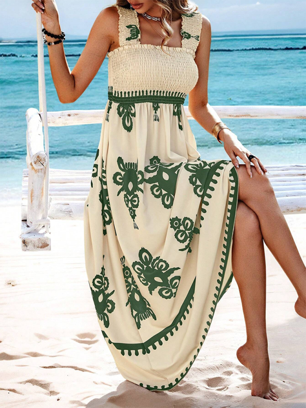 Printed Cross-Front Midi Dress – Resort Style, Woven Cotton Blend, Spring-Summer