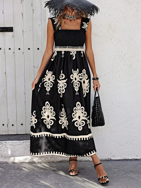 Printed Cross-Front Midi Dress – Resort Style, Woven Cotton Blend, Spring-Summer