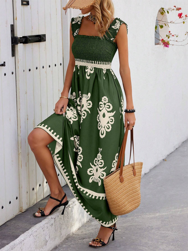 Printed Cross-Front Midi Dress – Resort Style, Woven Cotton Blend, Spring-Summer