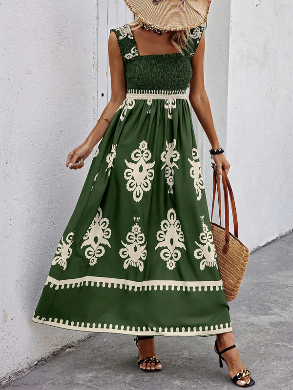 Printed Cross-Front Midi Dress – Resort Style, Woven Cotton Blend, Spring-Summer