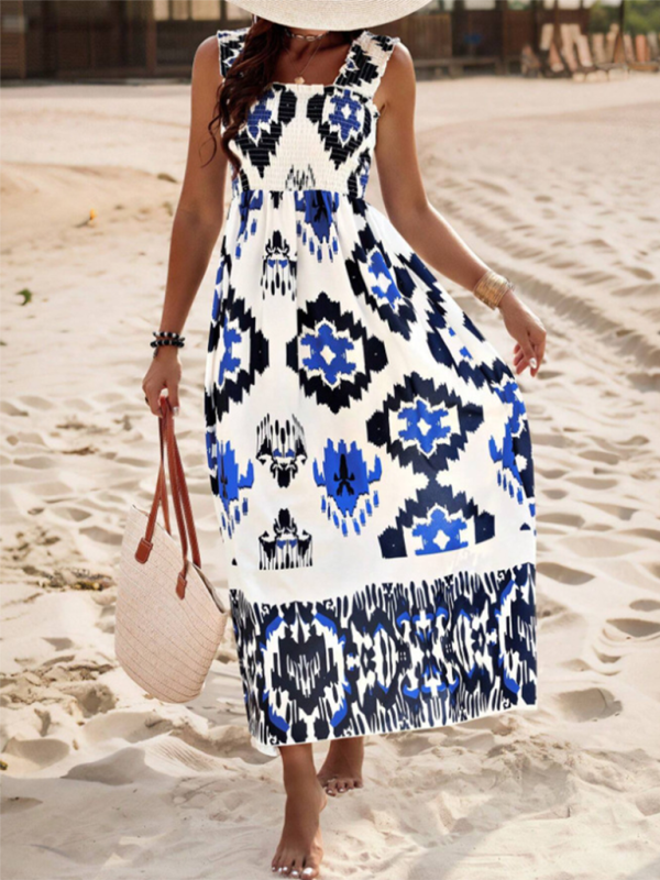 Printed Cross-Front Midi Dress – Resort Style, Woven Cotton Blend, Spring-Summer