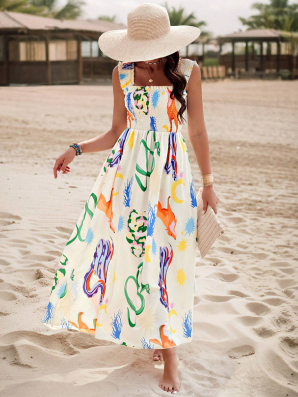 Printed Cross-Front Midi Dress – Resort Style, Woven Cotton Blend, Spring-Summer