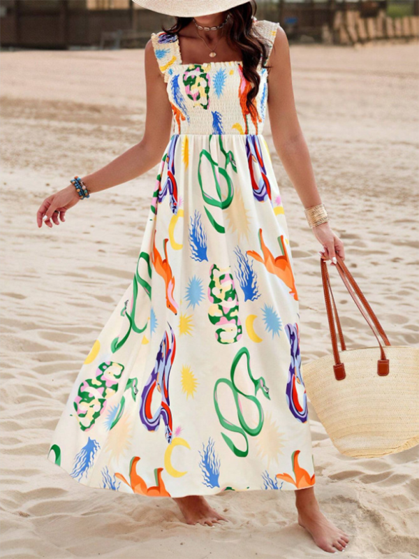 Printed Cross-Front Midi Dress – Resort Style, Woven Cotton Blend, Spring-Summer