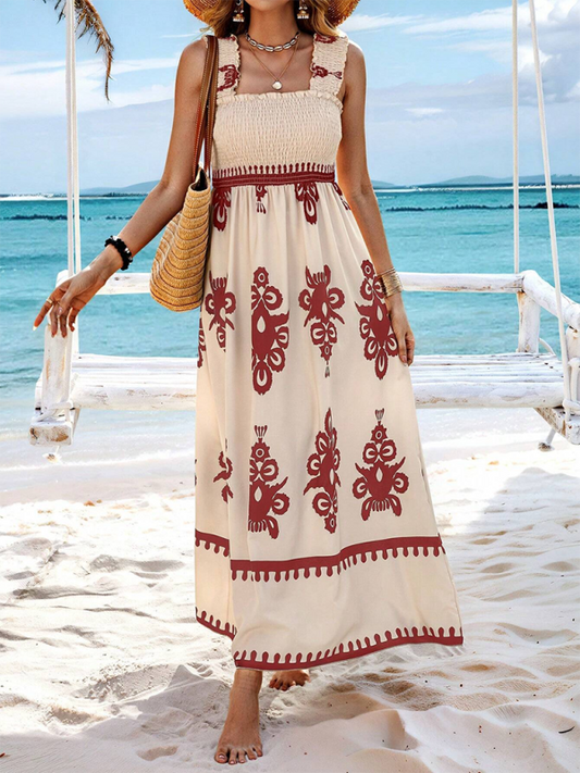 Printed Cross-Front Midi Dress – Resort Style, Woven Cotton Blend, Spring-Summer