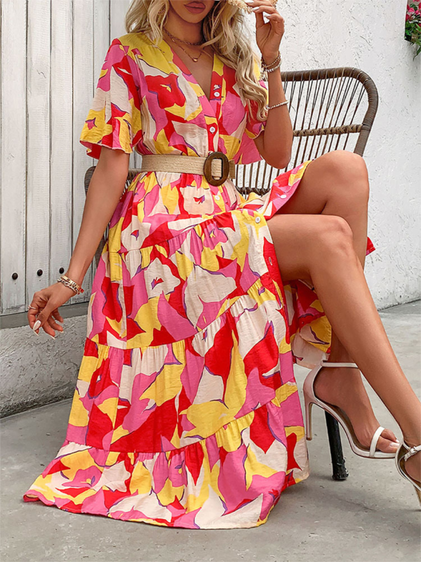 Rose V-Neck Maxi Dress – Printed Spring-Summer Style with Waist Detail