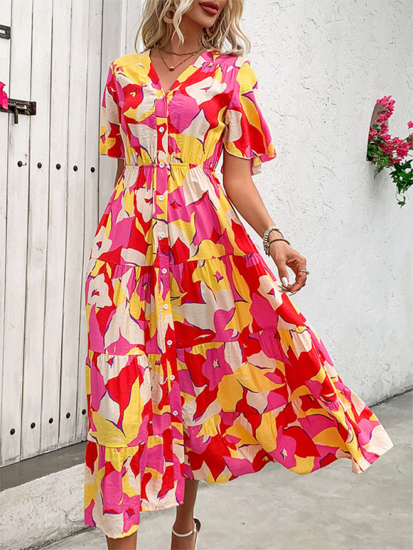Rose V-Neck Maxi Dress – Printed Spring-Summer Style with Waist Detail