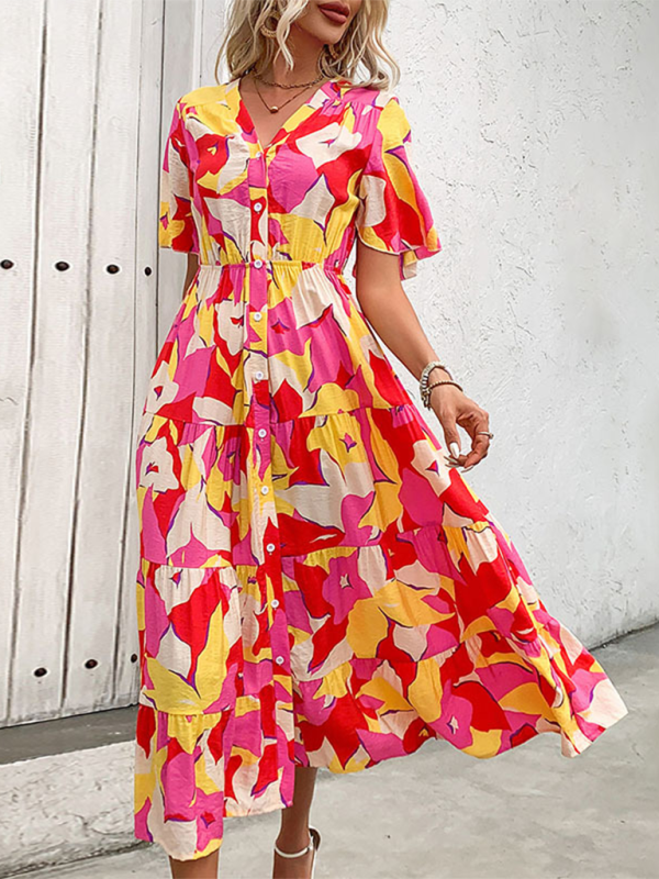Rose V-Neck Maxi Dress – Printed Spring-Summer Style with Waist Detail