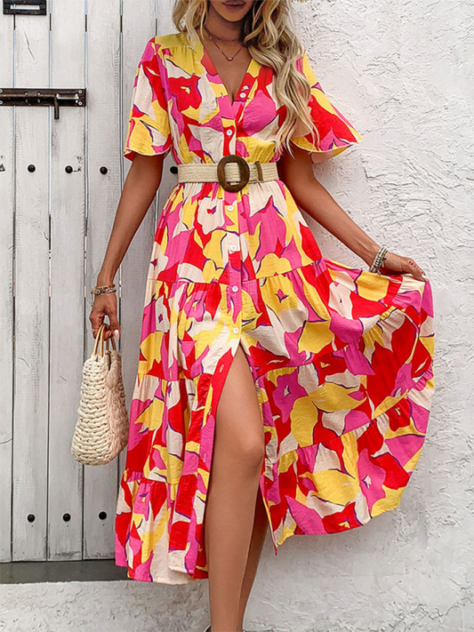 Rose V-Neck Maxi Dress – Printed Spring-Summer Style with Waist Detail