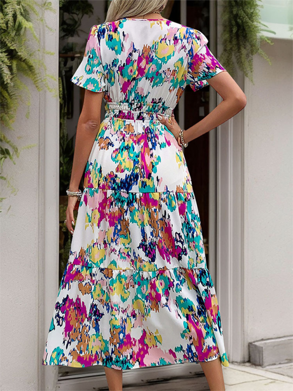 Printed Mid-Length Short Sleeve V-Neck Dress – Lightweight & Flowy