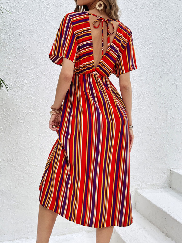 Colorful Striped V-Neck High-Waisted Maxi Dress – Button Front, Spring Leisure Style