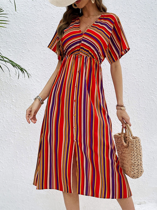 Colorful Striped V-Neck High-Waisted Maxi Dress – Button Front, Spring Leisure Style
