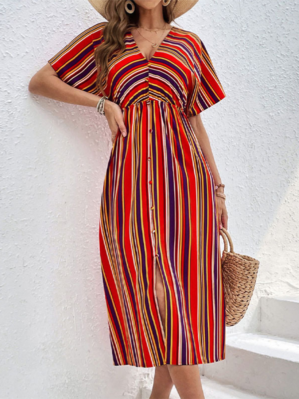 Colorful Striped V-Neck High-Waisted Maxi Dress – Button Front, Spring Leisure Style
