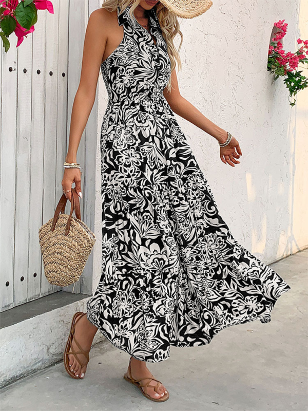 Halterneck Sleeveless High-Waist Maxi Dress – Full Print, Lightweight Fit