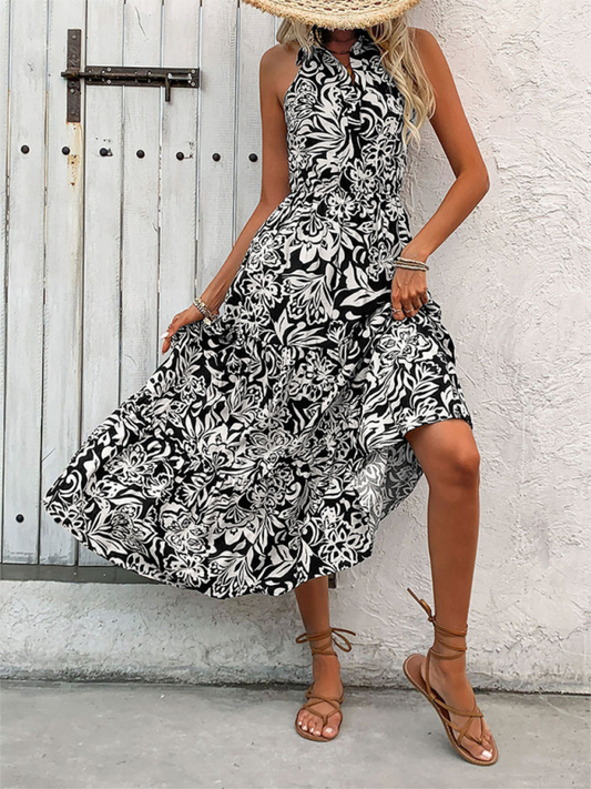 Halterneck Sleeveless High-Waist Maxi Dress – Full Print, Lightweight Fit