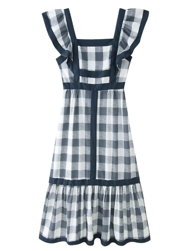 Square Neck Contrast Patchwork Dress – Woven Lattice Design for Spring & Summer